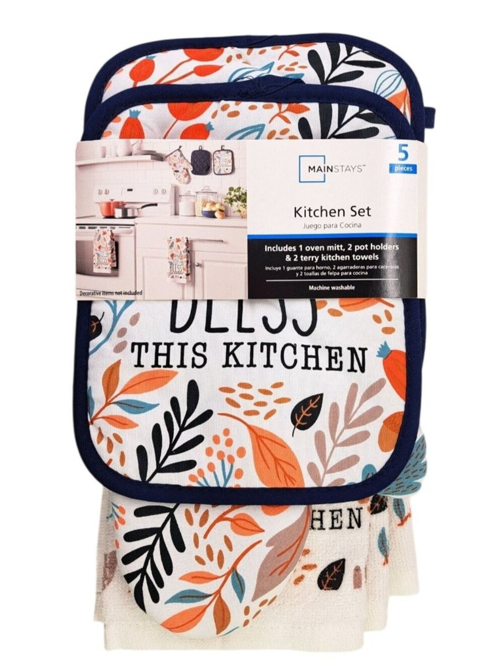 Mainstays 5-Piece Kitchen Set Oven Mitt Pot Holder Towels Bless This Kitchen New